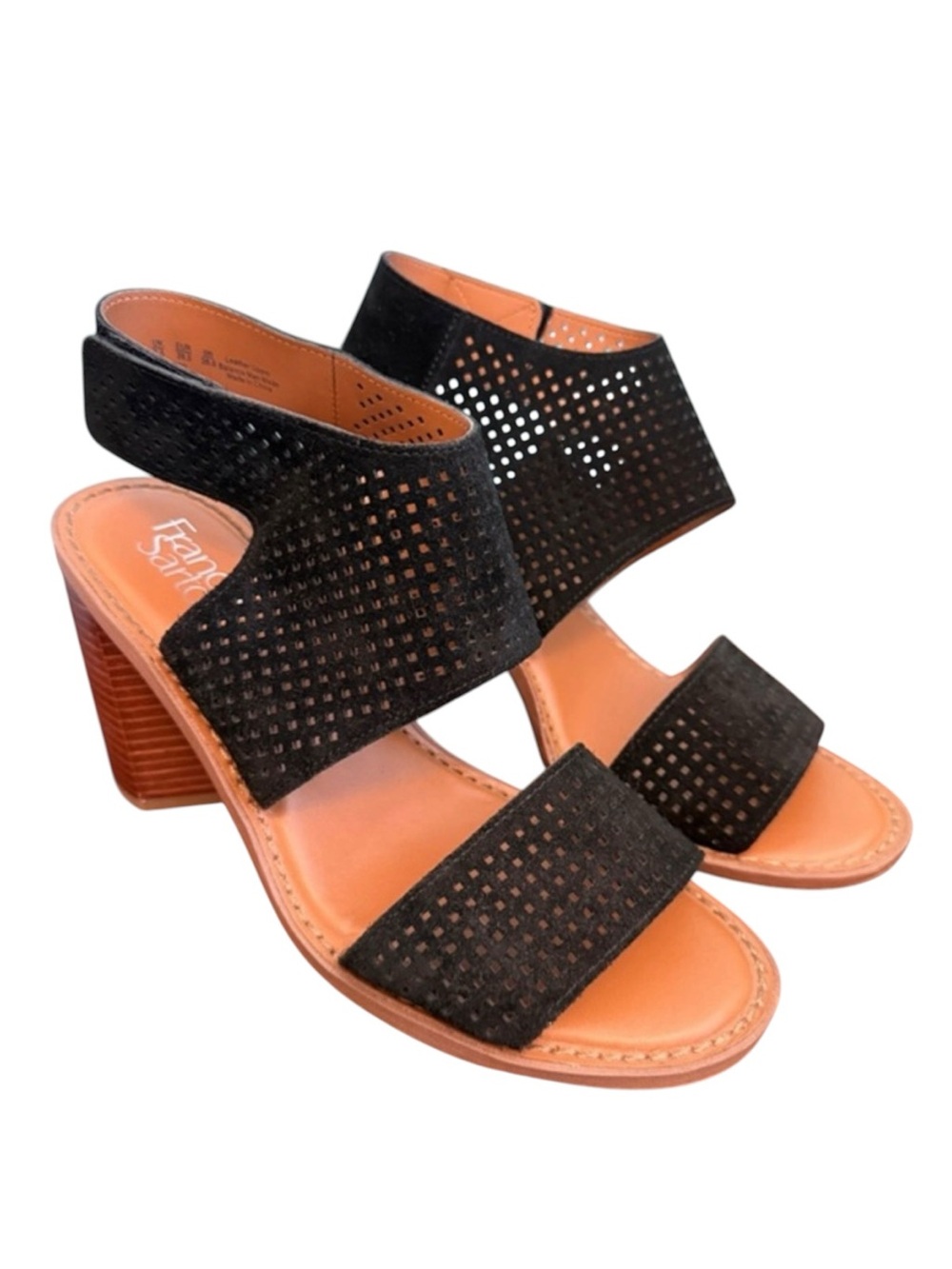 Franco Sarto Black Suede Perforated Block Heel Sandals Womens 9.5